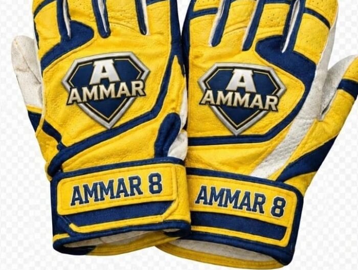 Gold & Navy Shield Leather Batting Gloves