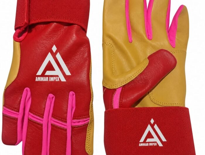 Tri-Color Red, Tan & Neon Pink Leather Batting Gloves