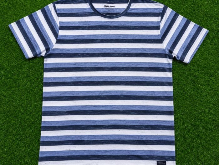 Blue & White Horizontal Striped Cotton Crewneck T-Shirt