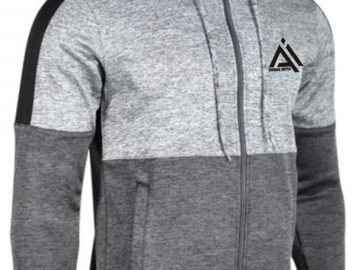 Two-Tone Grey Zip-Up Athletic Hoodie with Shoulder Panels