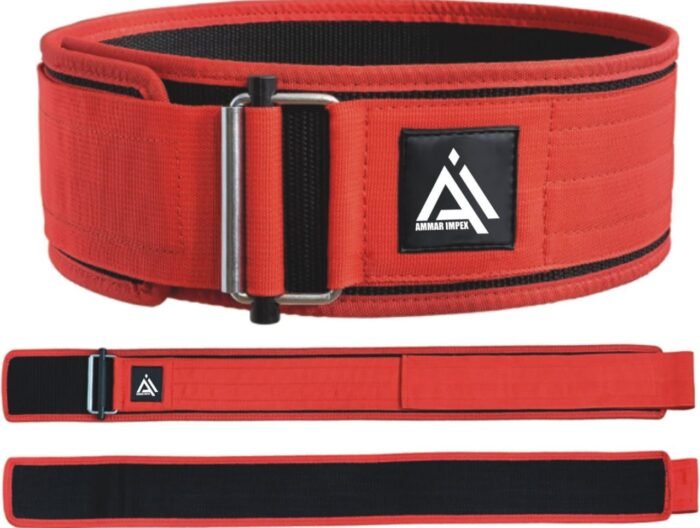 Red Nylon Weightlifting Belt with Steel Roller Buckle